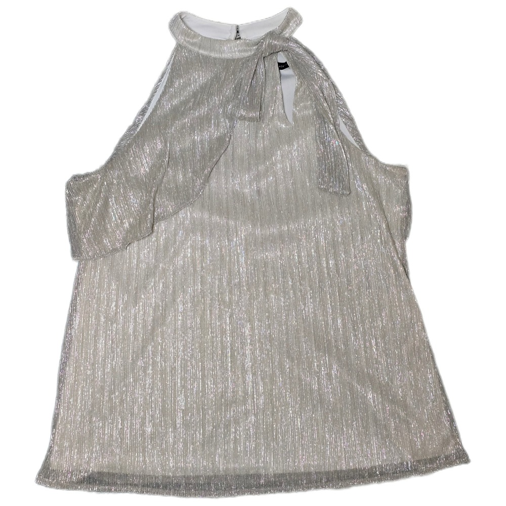 White House Black Market Halter Top Womens Large Silver Good Metallic Tie Neck